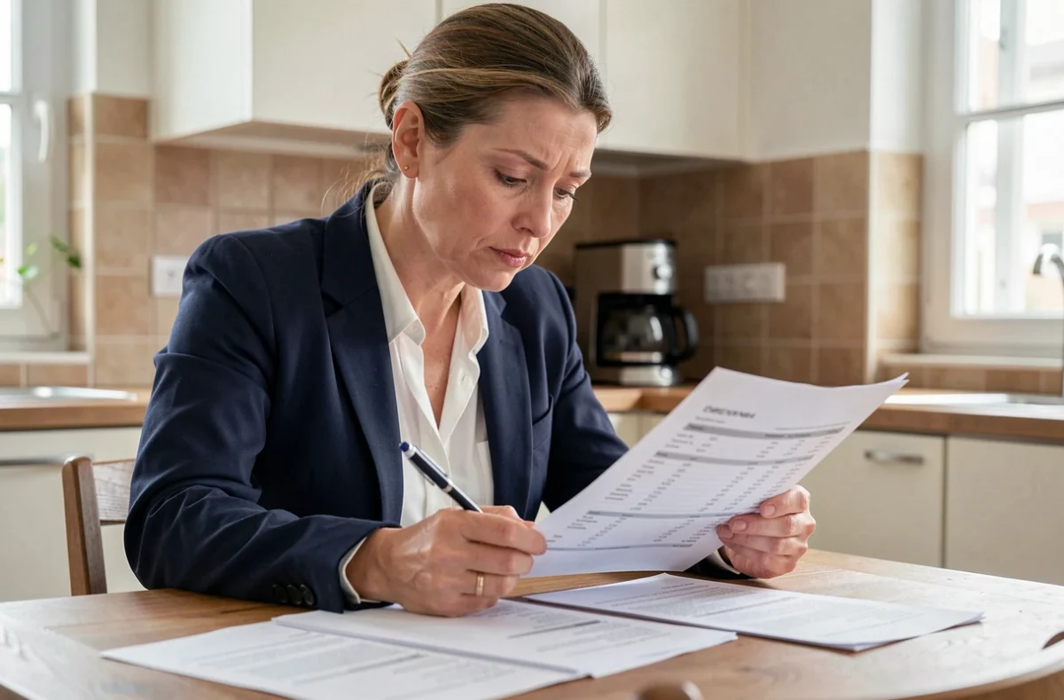 Femme de 45 ans qui examine attentivement ses documents d'assurance vie à la table de cuisine, l'air préoccupée