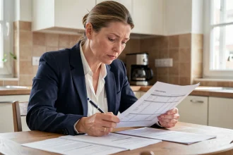 Femme de 45 ans qui examine attentivement ses documents d'assurance vie à la table de cuisine, l'air préoccupée