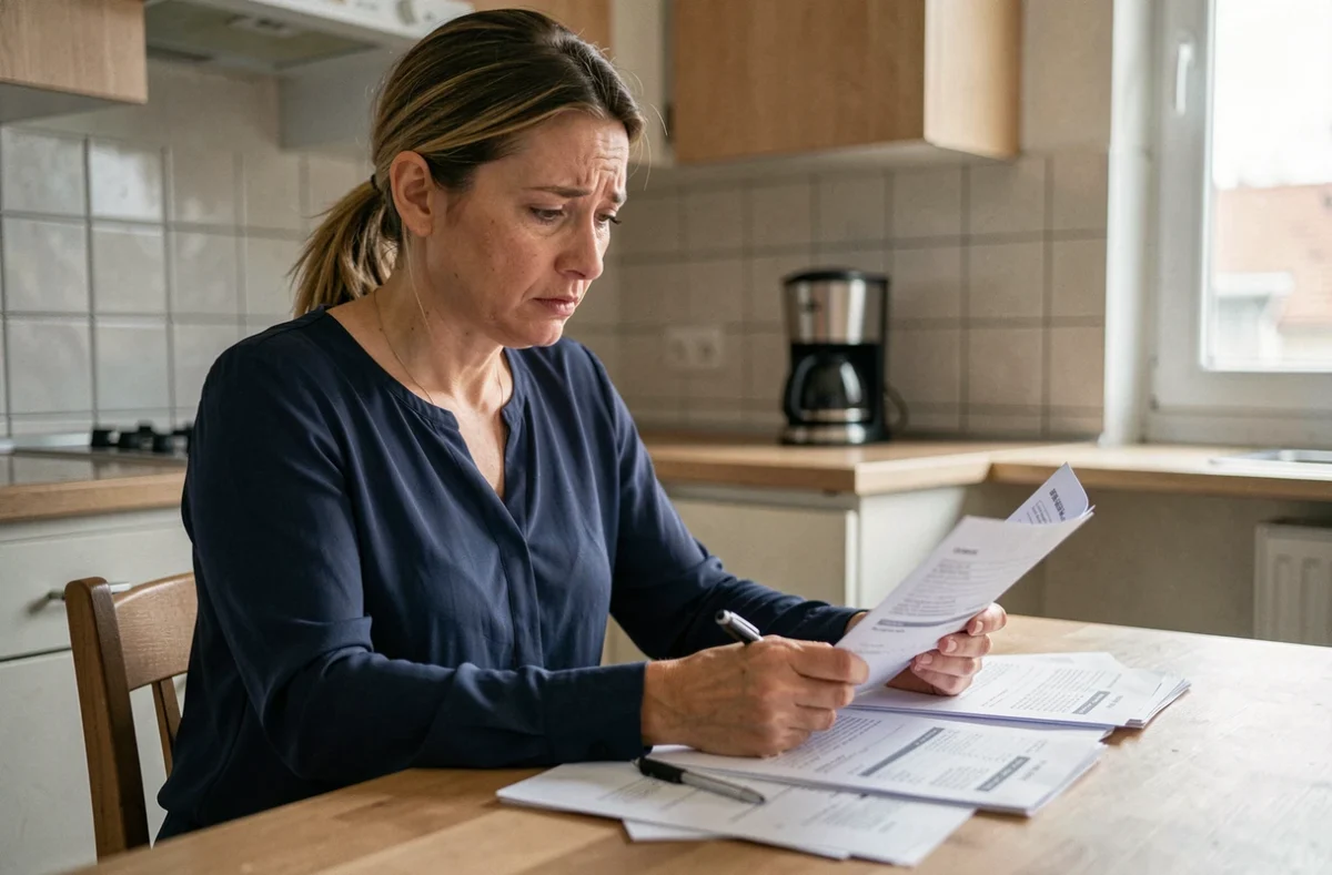 Femme consultant ses fiches de paie à la maison pour calculer son éligibilité à la prime d'activité 2026