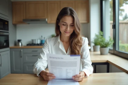 Femme d affaires examine un relevé financier à la maison