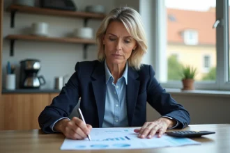 Femme d'âge moyen en blazer bleu examine un rapport financier