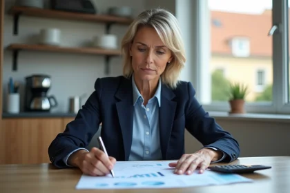 Femme d'âge moyen en blazer bleu examine un rapport financier