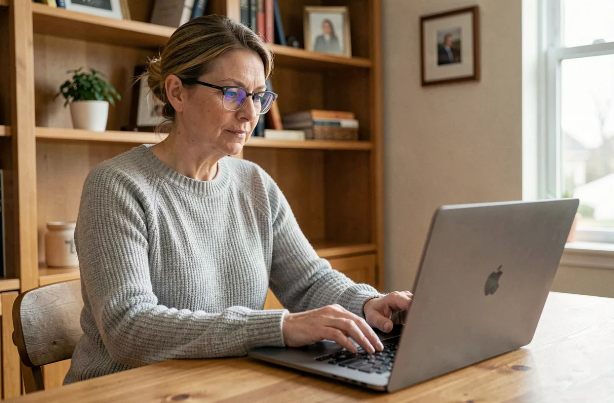 Femme gérant son mot de passe bancaire en ligne sur un ordinateur portable à domicile