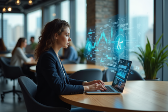 Jeune femme regardant un hologramme de Cardano dans un espace de coworking
