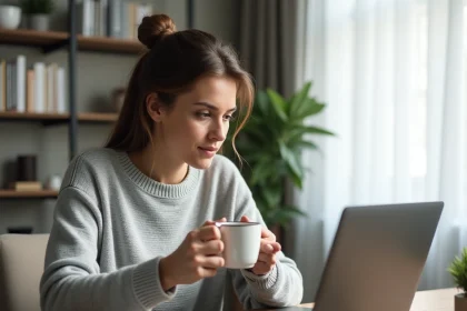Jeune femme analysant des ETF Boursorama sur un ordinateur portable dans un bureau à domicile moderne