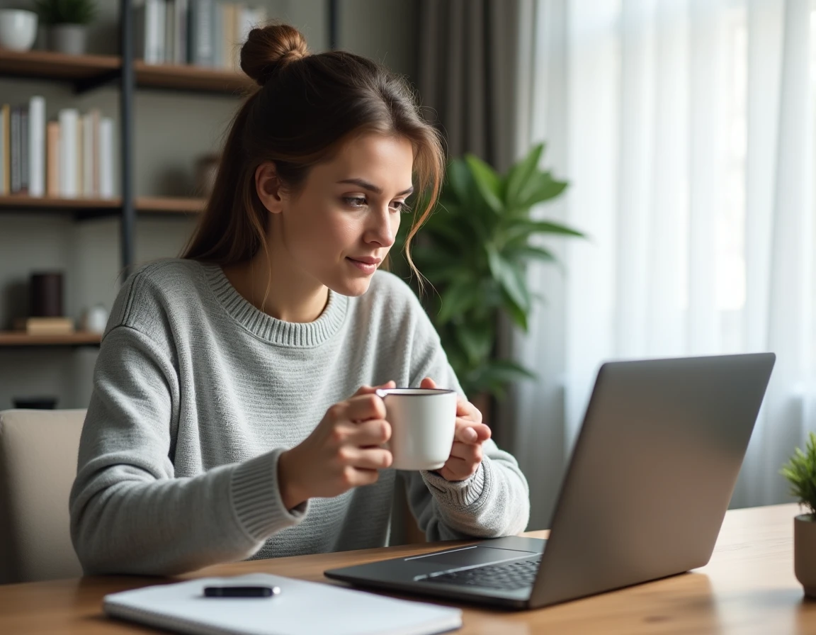 Jeune femme analysant des ETF Boursorama sur un ordinateur portable dans un bureau à domicile moderne