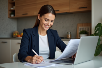 Femme en blazer blanc travaillant à la maison