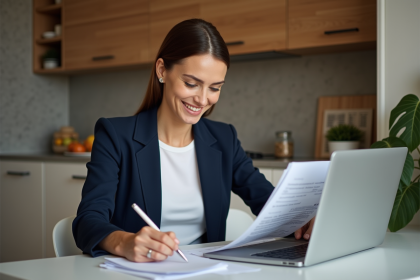 Femme en blazer blanc travaillant à la maison
