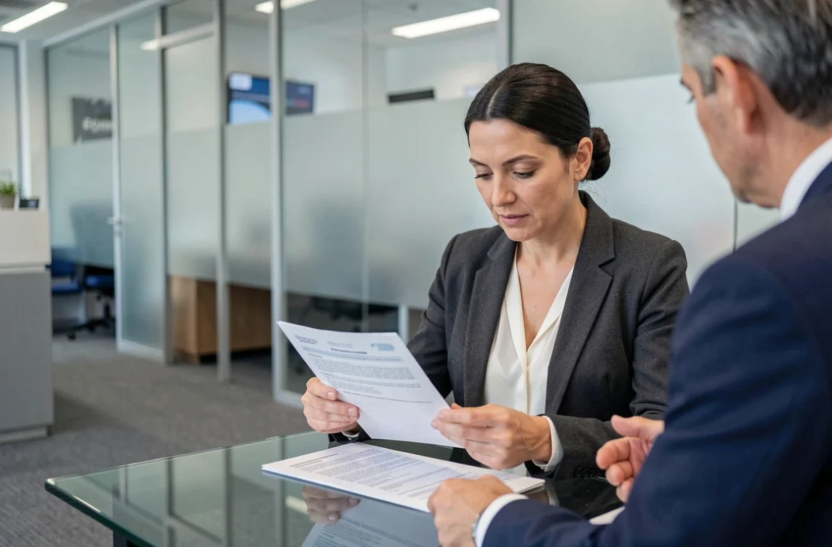 Femme en blazer lisant attentivement une fiche d'information sur la CACI en agence bancaire