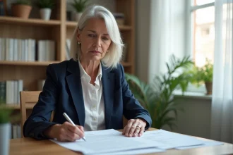 Femme lisant attentivement une notice d'information d'assurance emprunteur à son bureau à domicile