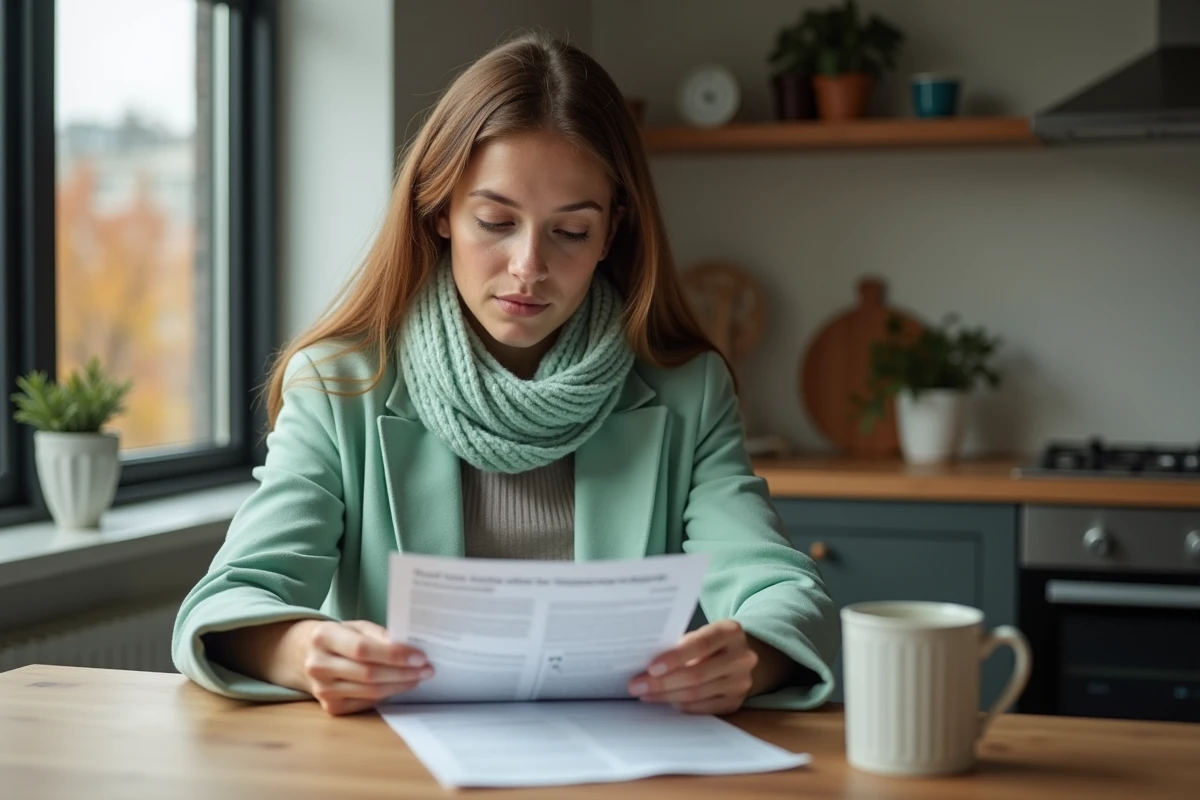 Jeune femme lisant une notice carbone dans la cuisine