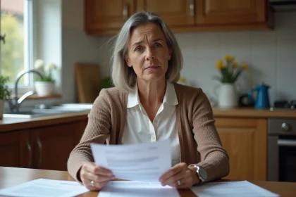 Femme d'âge moyen lisant une lettre dans la cuisine