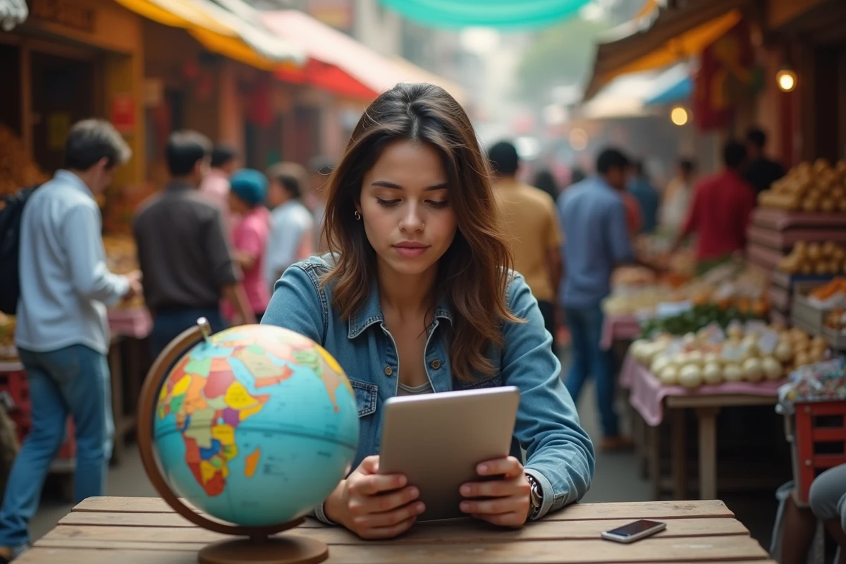 Jeune femme étudiant un globe dans un marché animé
