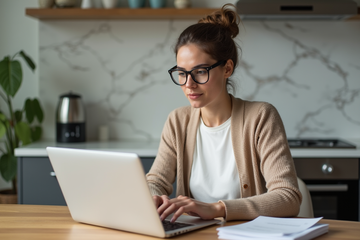 Jeune femme entrant des chiffres sur son ordinateur dans une cuisine contemporaine