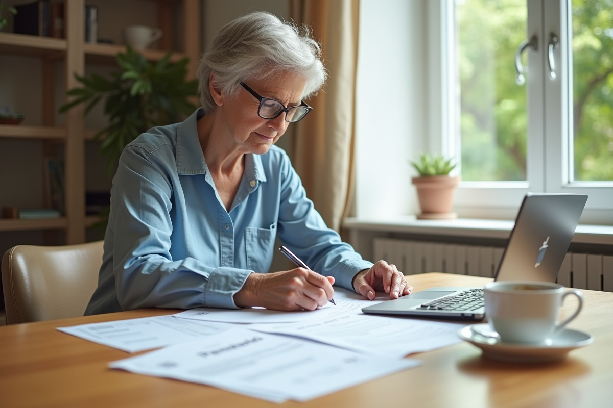 Femme d'âge moyen organise ses papiers de retraite sur une table lumineuse