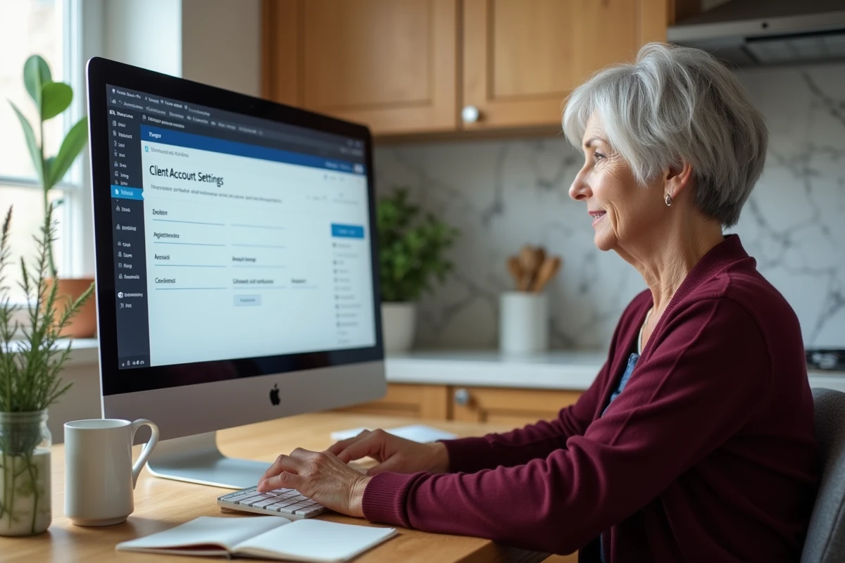 Femme âgée paramétrant son espace client en ligne sur un ordinateur de bureau dans sa cuisine