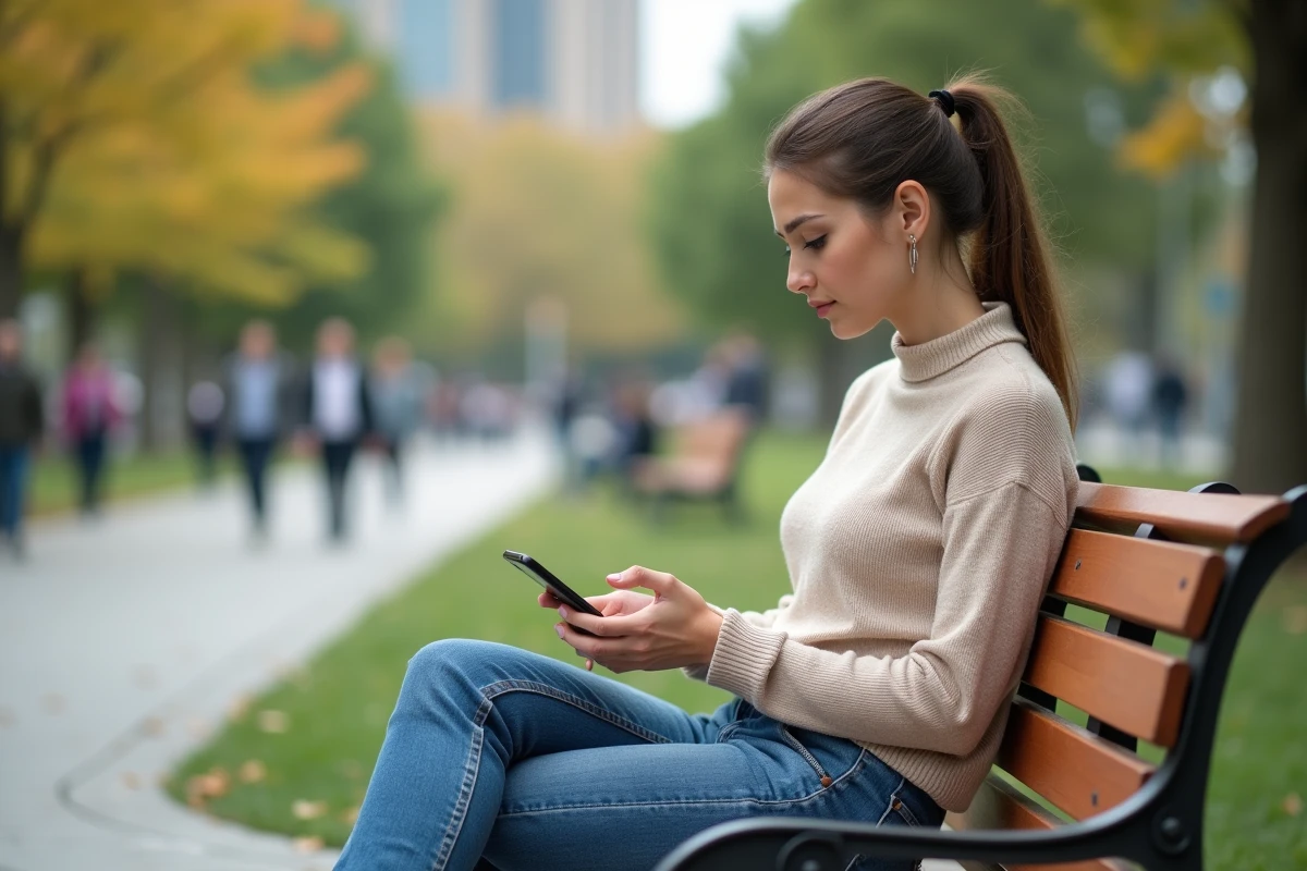 Jeune femme en parc configurant la sécurité bancaire sur smartphone