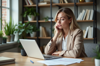 Femme en bureau lisant documents de pret immobilier