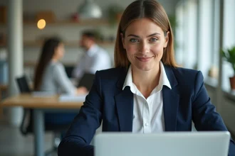 Femme professionnelle consultant l'application Cyberplus Banque Populaire sur un ordinateur portable dans un bureau moderne