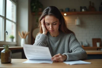 Femme inquiète examinant un relevé bancaire à la cuisine après avoir découvert des prélèvements abusifs de REMISEREDUC