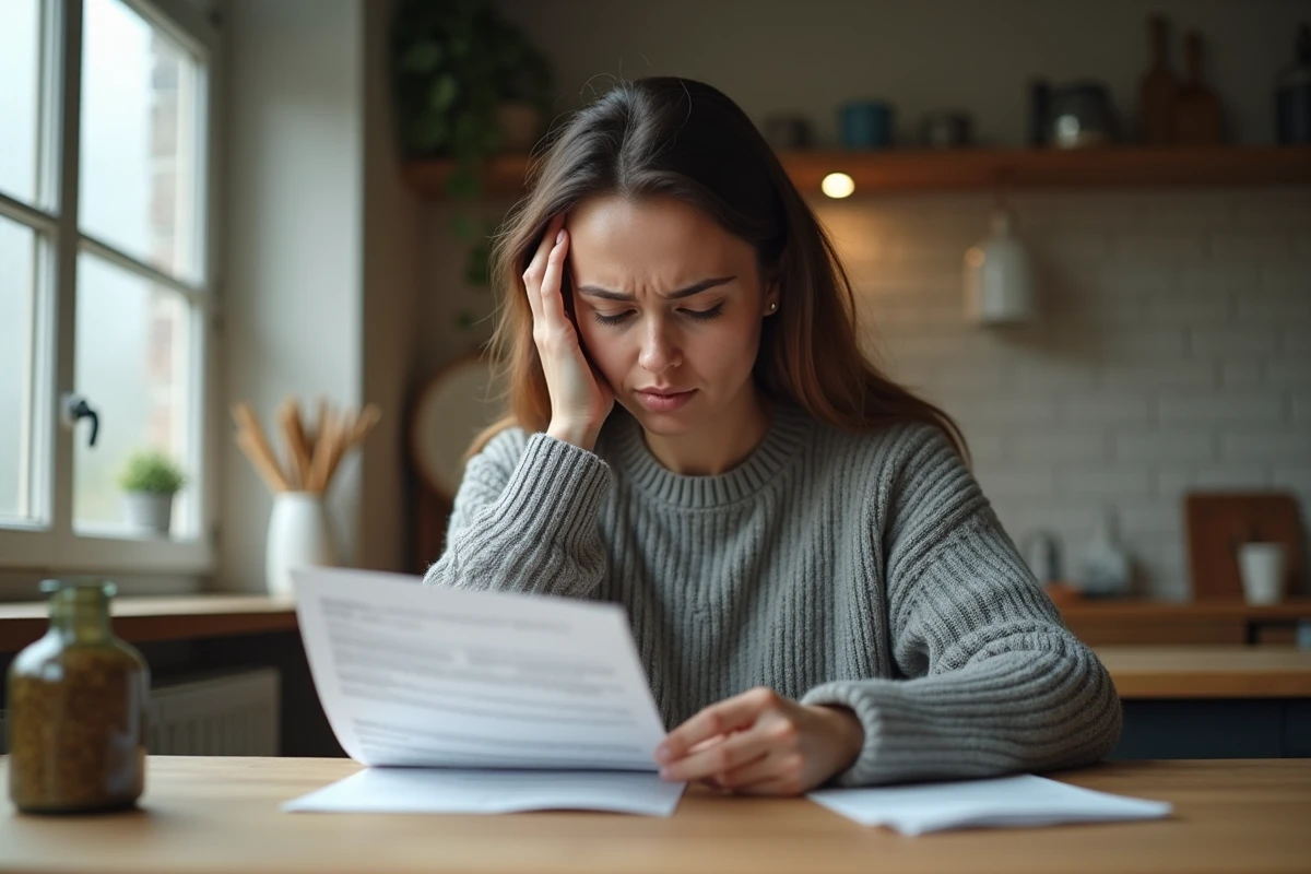 Femme inquiète examinant un relevé bancaire à la cuisine après avoir découvert des prélèvements abusifs de REMISEREDUC