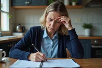Femme inquiète examinant un relevé bancaire à sa table de cuisine après un prélèvement inattendu de 108 euros