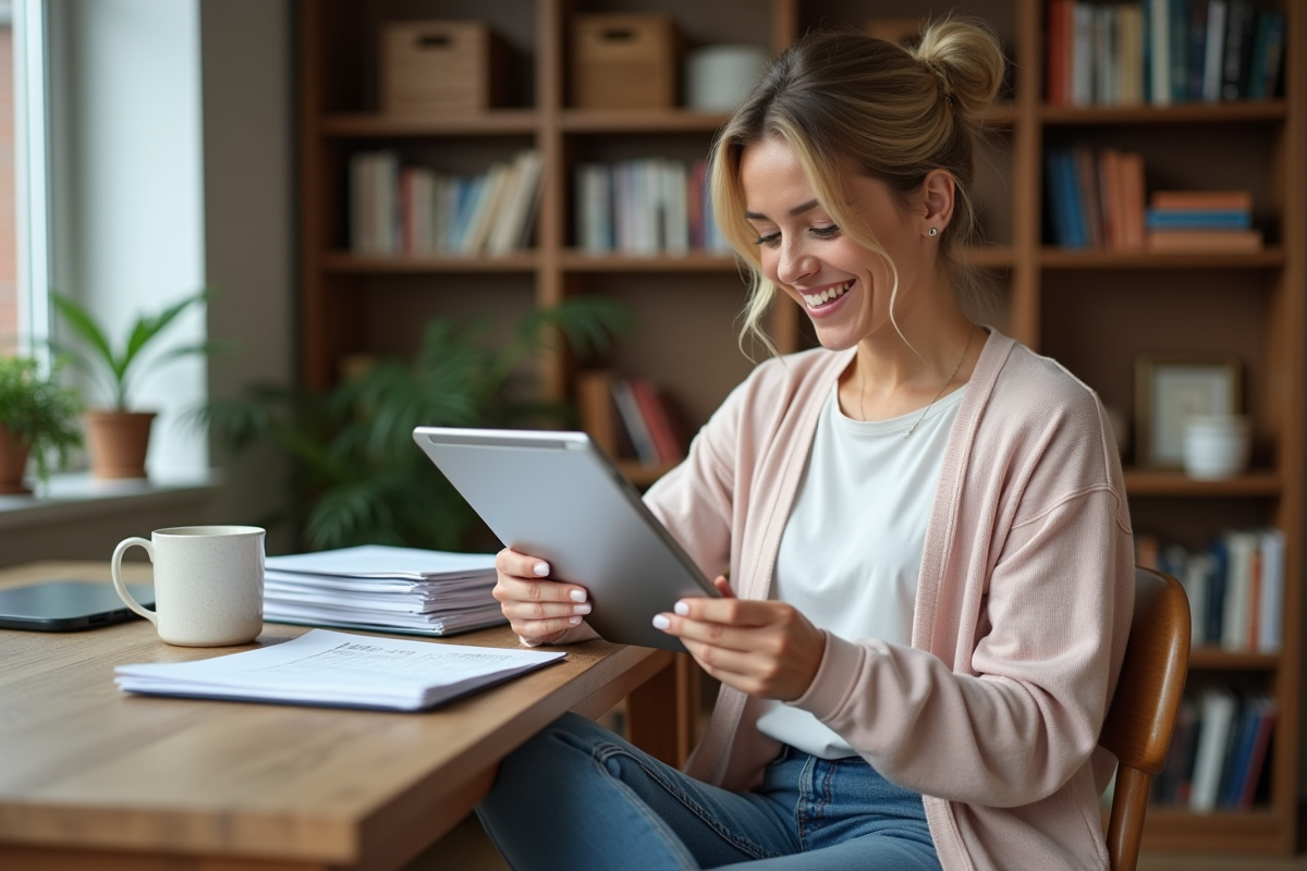 Femme détendue regardant un relevé boursier sur sa tablette
