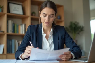 Femme consultant des documents d'assurance Matmut pour une résiliation, assise à un bureau à domicile
