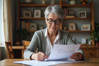 Femme d'âge moyen examinant des papiers de retraite à la maison