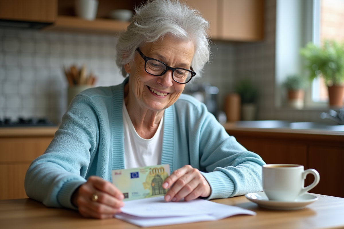 Femme senior souriante lisant une lettre Carsat à la maison