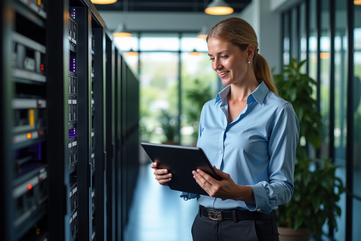 Femme vérifiant un serveur de minage avec cartes graphiques