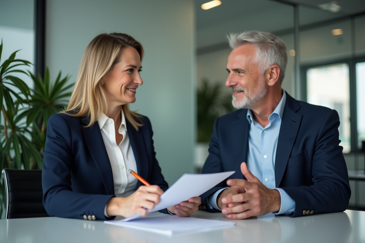 Femme signant un document avec un conseiller en banque