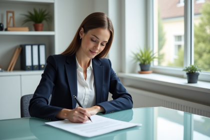 Femme signant un contrat de prêt à domicile