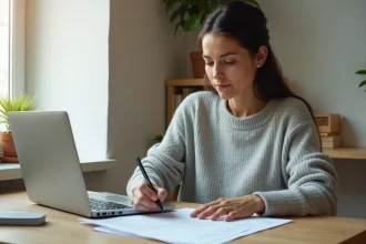 Femme concentrée qui calcule ses impôts sur le revenu avec un simulateur en ligne depuis son bureau à domicile