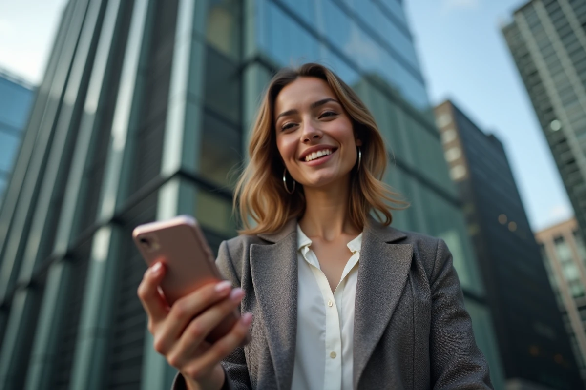 Jeune femme souriante tenant un smartphone avec une application crypto