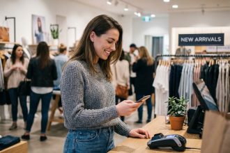 Jeune femme souriante utilisant son smartphone en magasin