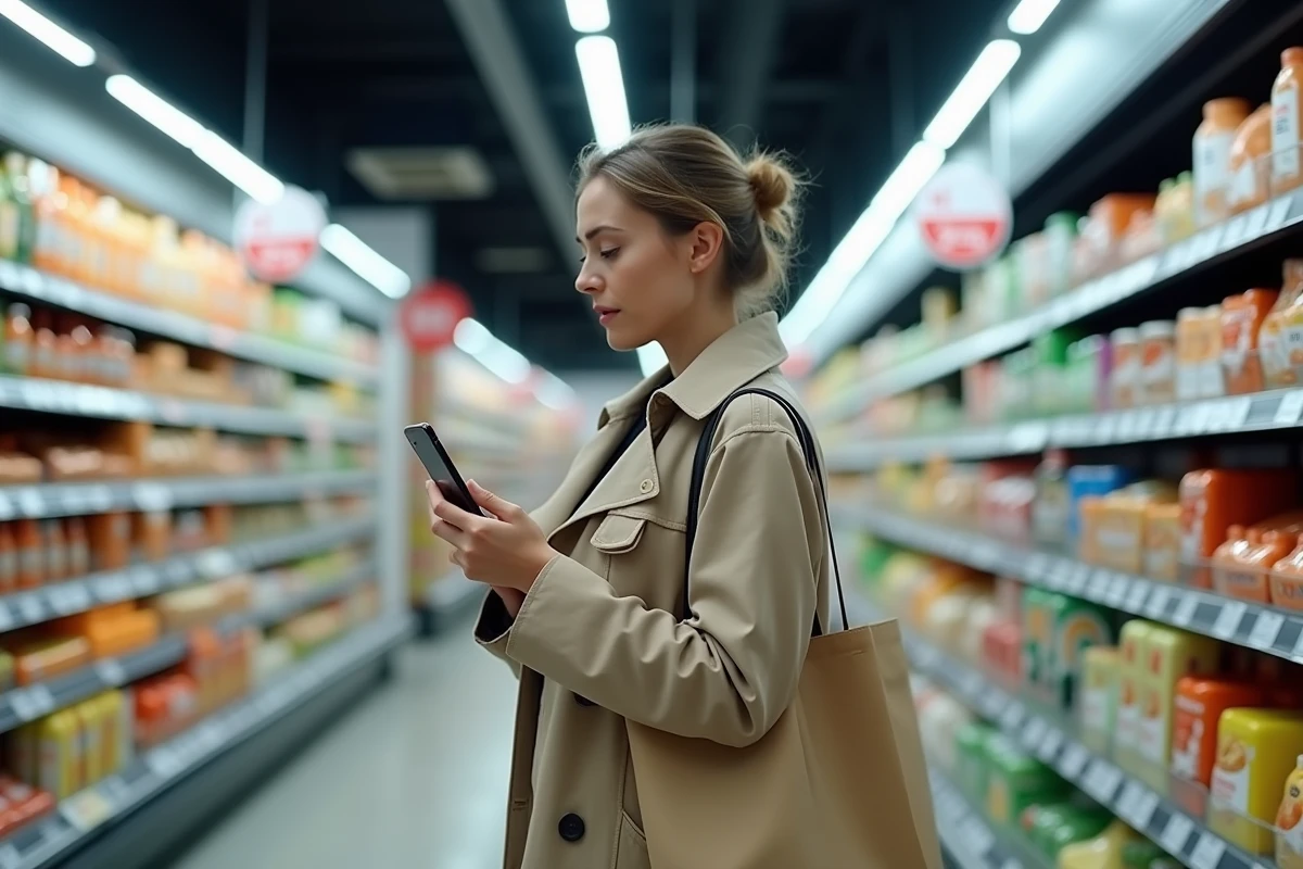 Femme comparant les prix dans un supermarché français, illustrant les défis du pouvoir d'achat face aux revenus médians en 2026