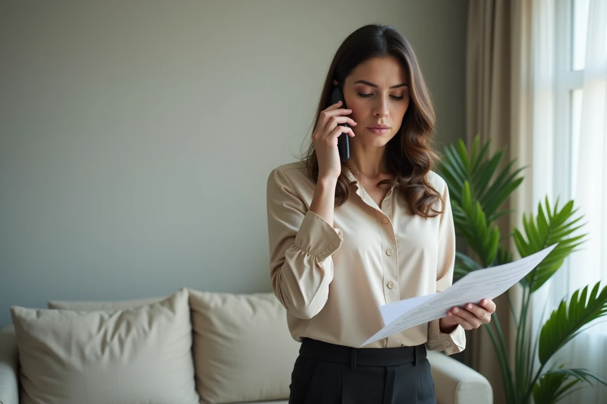 Femme au téléphone avec sa banque tenant un document pour contester et se faire rembourser des prélèvements REMISEREDUC non autorisés