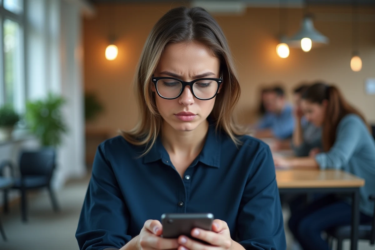 Femme trader hésitante tenant un smartphone avec l'application eToro dans un espace de coworking moderne