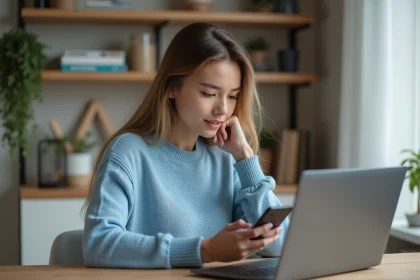 Jeune femme travaillant à domicile avec ordinateur et smartphone