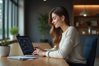 Femme travaillant sur un ordinateur avec graphiques financiers