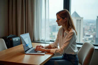 Femme travaillant sur un ordinateur dans une chambre d'hôtel moderne