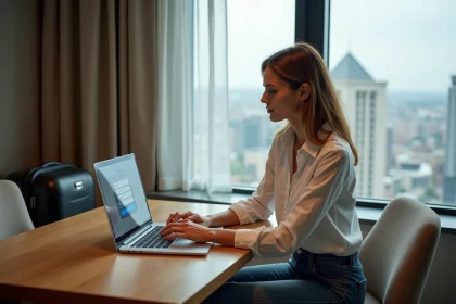 Femme travaillant sur un ordinateur dans une chambre d'hôtel moderne