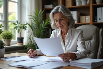 Femme d'âge moyen triant des papiers dans un bureau à domicile