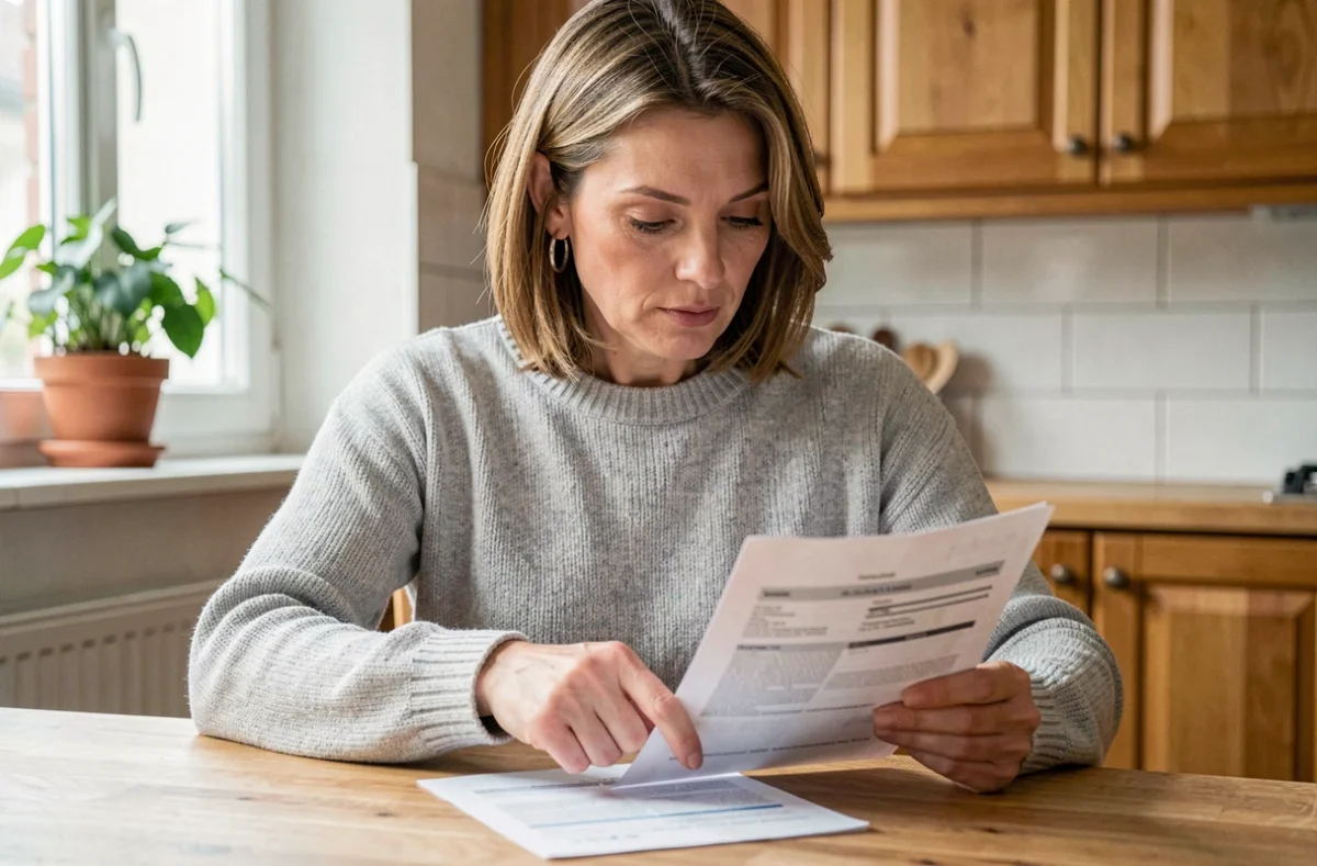 Femme vérifiant sa date de prélèvement de mutuelle sur un relevé papier dans sa cuisine