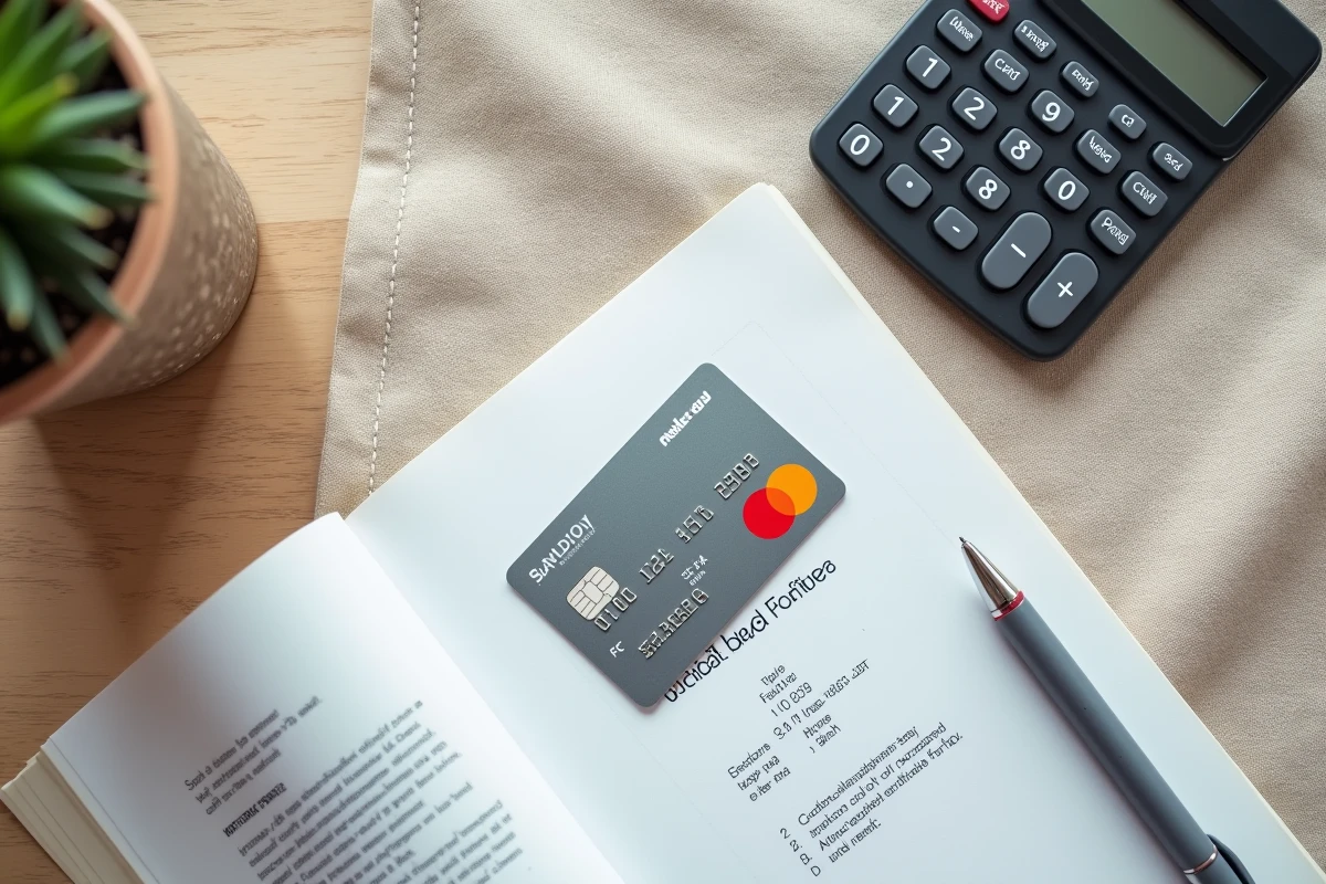 Vue du dessus d'une carte Mastercard Crédit Agricole posée avec un document de tarification et une calculatrice sur une table en bois