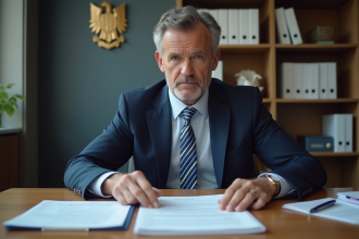 Homme en costume civil examinant des documents de pension