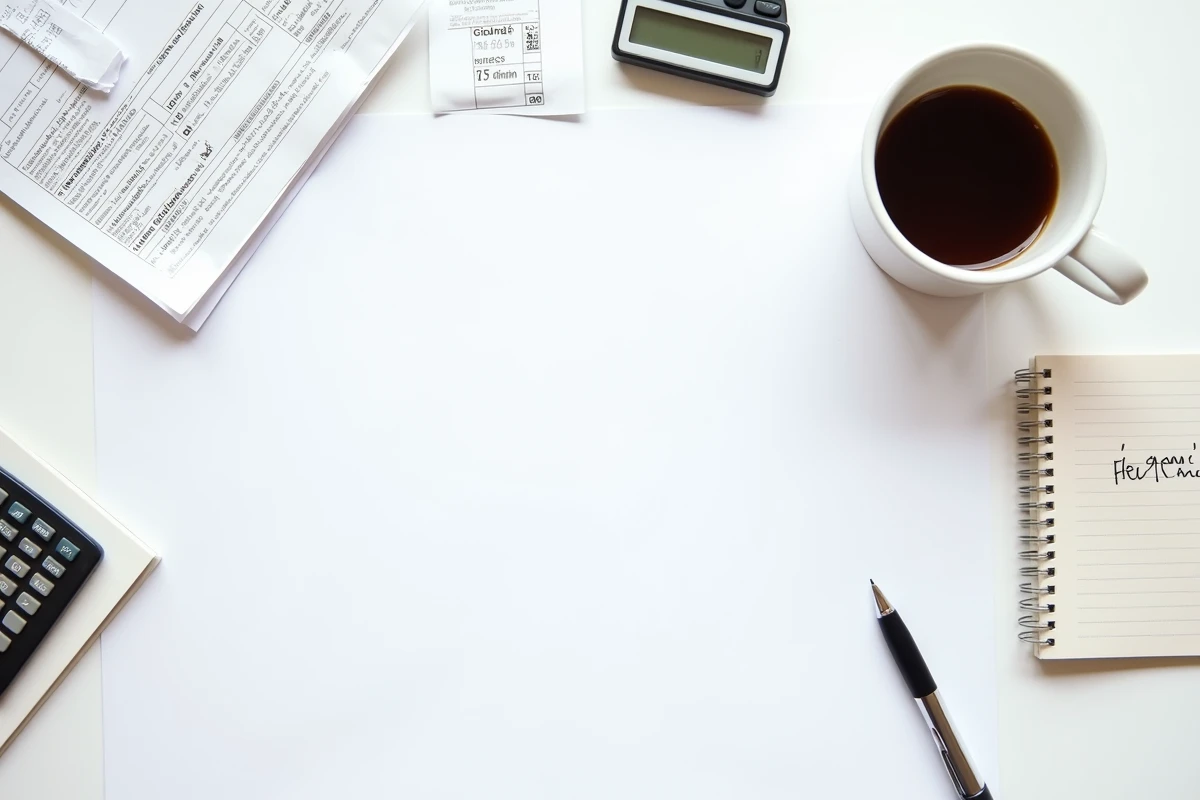Vue de dessus de reçus de repas, formulaire fiscal français et calculatrice pour déclarer des frais professionnels aux impôts 2026