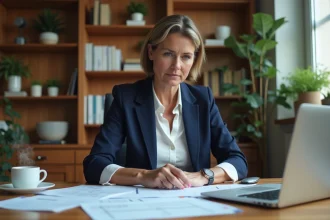 Femme consultant des reçus de repas et documents fiscaux sur un bureau en bois pour préparer sa déclaration d'impôts 2026