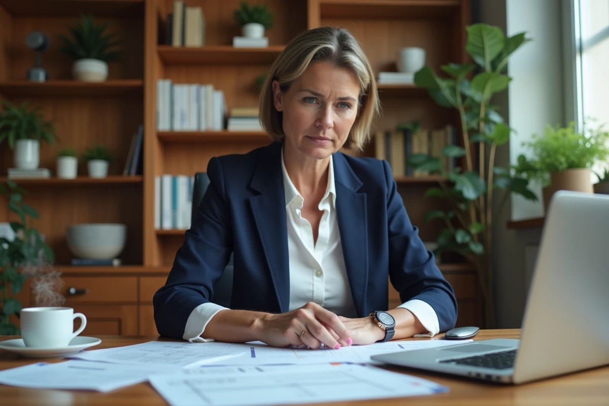 Femme consultant des reçus de repas et documents fiscaux sur un bureau en bois pour préparer sa déclaration d'impôts 2026
